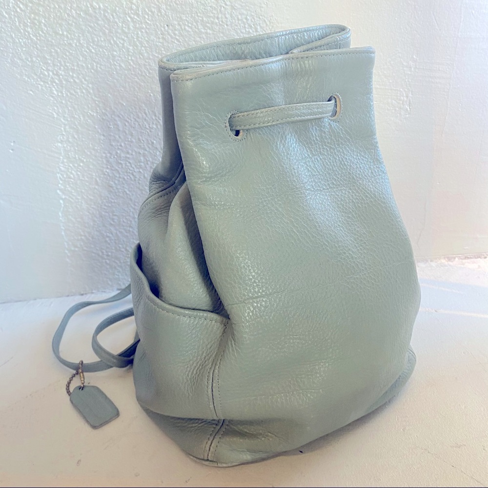 Vintage Coach Bucket Bag Backpack Purse Light Blue Leather Drawstring Minimal